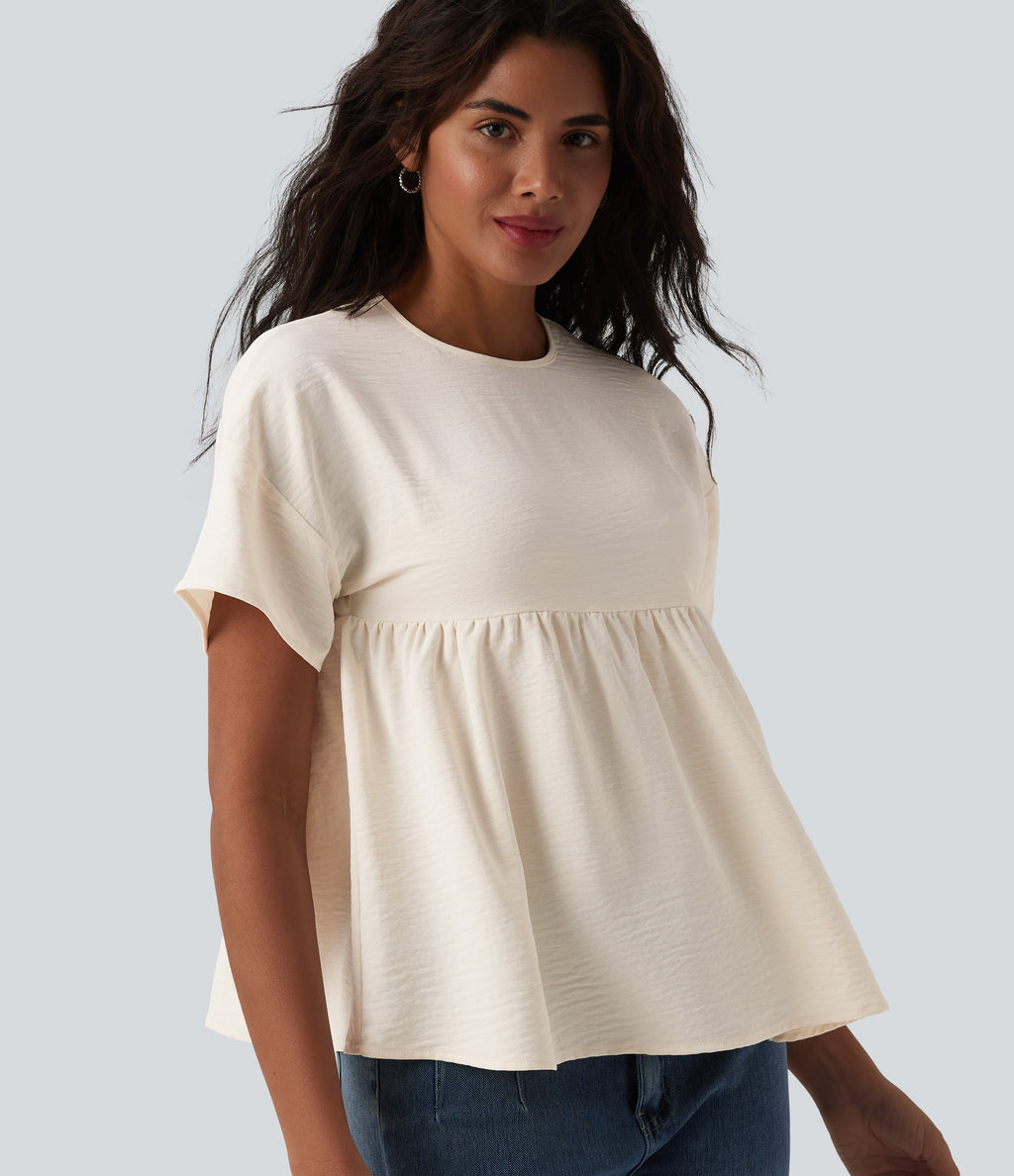 Round Neck Short Sleeve Ruffle Hem Casual Linen-Feel T-Shirt — Whisper White — view 4