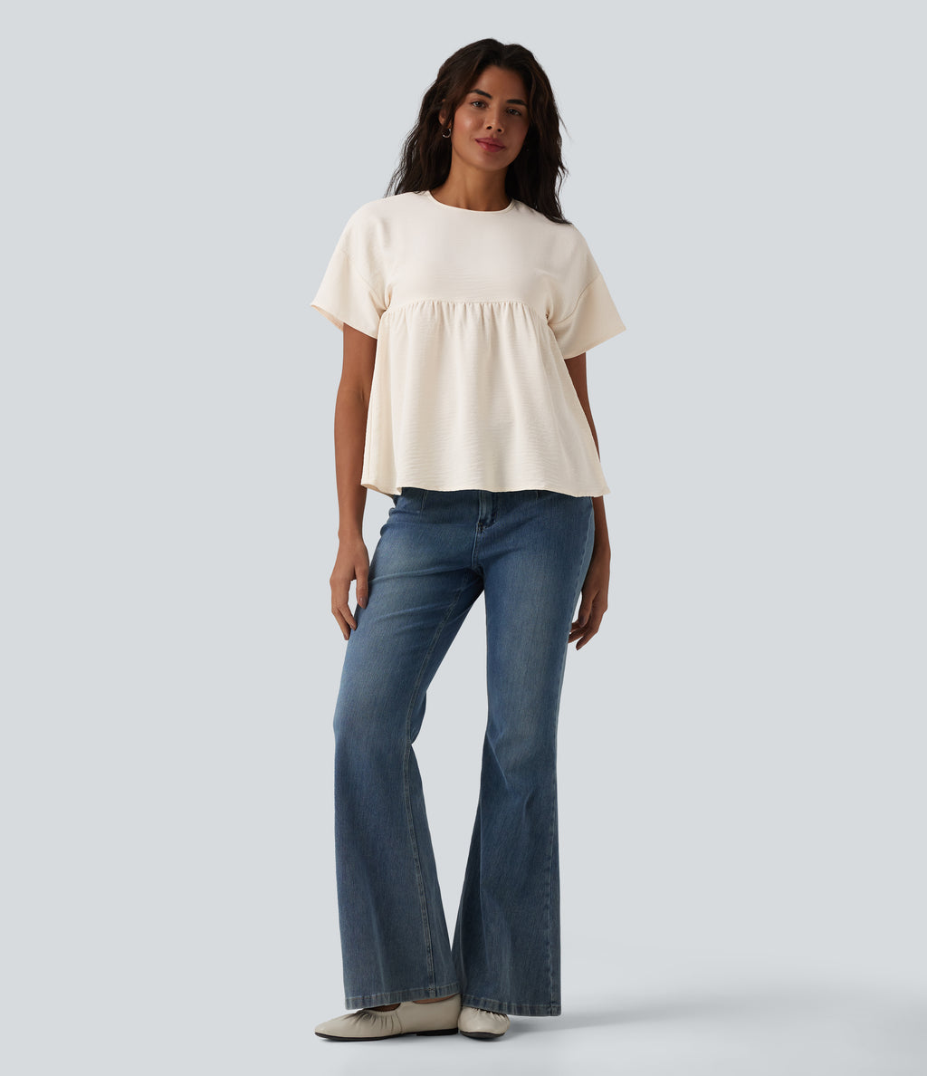 Round Neck Short Sleeve Ruffle Hem Casual Linen-Feel T-Shirt — Whisper White — view 6