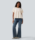 Round Neck Short Sleeve Ruffle Hem Casual Linen-Feel T-Shirt — Whisper White — view 6