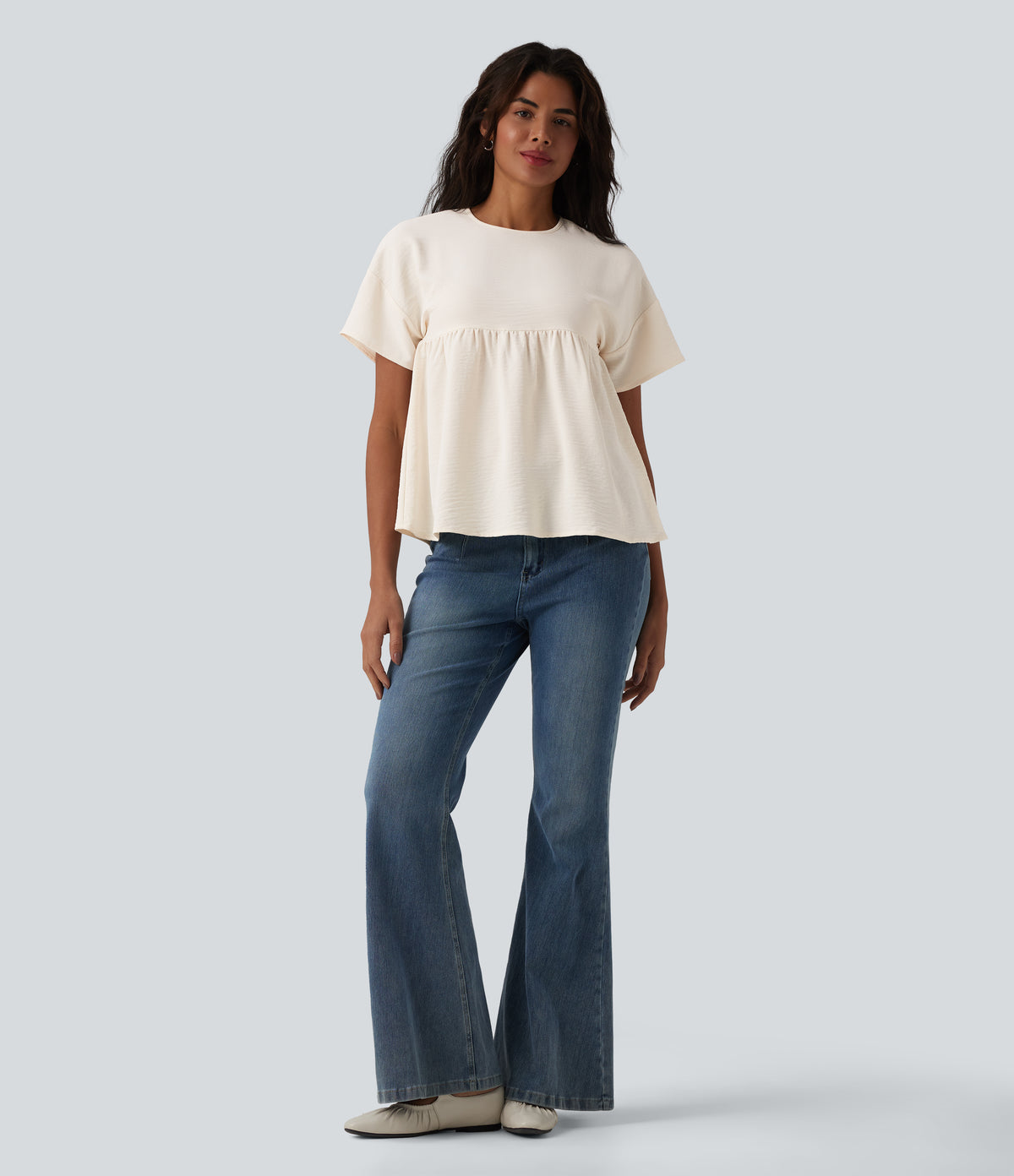Round Neck Short Sleeve Ruffle Hem Casual Linen-Feel T-Shirt — Whisper White — view 6