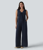 Deep V-neck Tie-front Pleated Sleeveless Invisible Zipper Casual Baggy Jumpsuit with Pockets — Deep Dark Blue — view 4