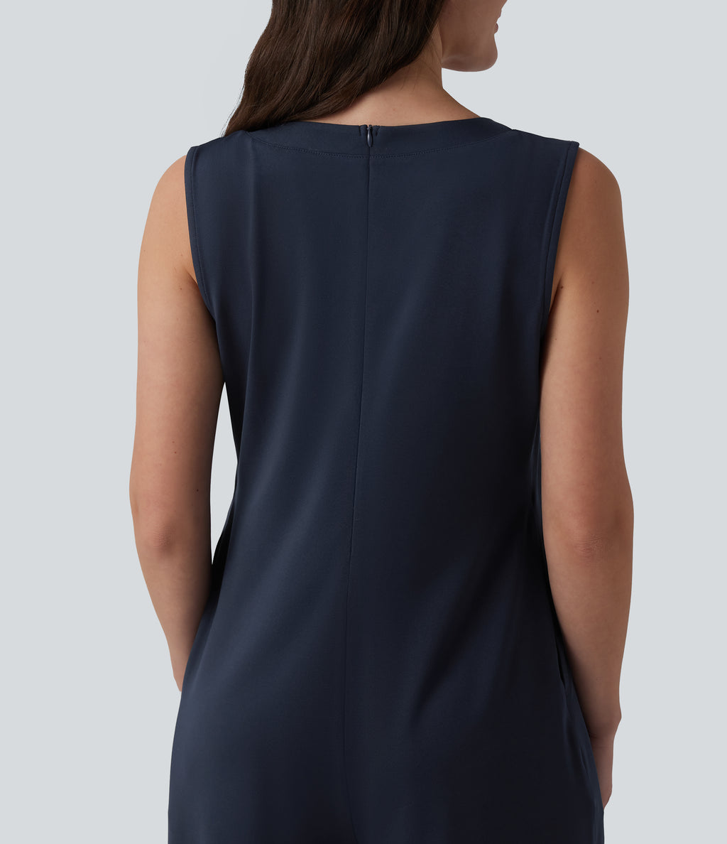 Deep V-neck Tie-front Pleated Sleeveless Invisible Zipper Casual Baggy Jumpsuit with Pockets — Deep Dark Blue — view 6