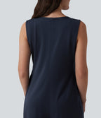 Deep V-neck Tie-front Pleated Sleeveless Invisible Zipper Casual Baggy Jumpsuit with Pockets — Deep Dark Blue — view 6