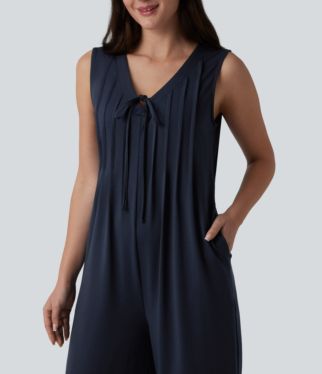Deep V-neck Tie-front Pleated Sleeveless Invisible Zipper Casual Baggy Jumpsuit with Pockets — Deep Dark Blue — view 5
