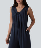 Deep V-neck Tie-front Pleated Sleeveless Invisible Zipper Casual Baggy Jumpsuit with Pockets — Deep Dark Blue — view 5