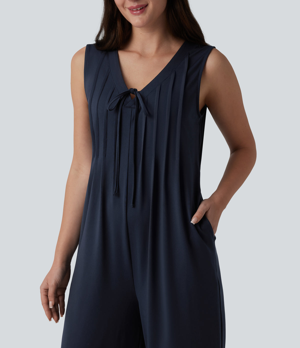 Deep V-neck Tie-front Pleated Sleeveless Invisible Zipper Casual Baggy Jumpsuit with Pockets — Deep Dark Blue — view 5
