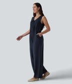 Deep V-neck Tie-front Pleated Sleeveless Invisible Zipper Casual Baggy Jumpsuit with Pockets — Deep Dark Blue — view 3