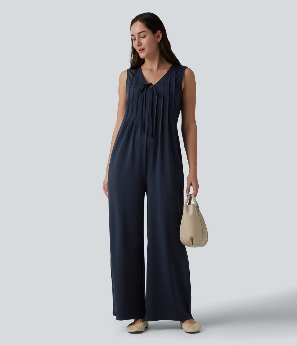 Deep V-neck Tie-front Pleated Sleeveless Invisible Zipper Casual Baggy Jumpsuit with Pockets — Deep Dark Blue — view 1