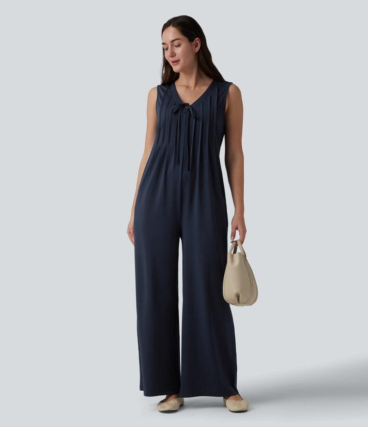 Deep V-neck Tie-front Pleated Sleeveless Invisible Zipper Casual Baggy Jumpsuit with Pockets — Deep Dark Blue — view 1