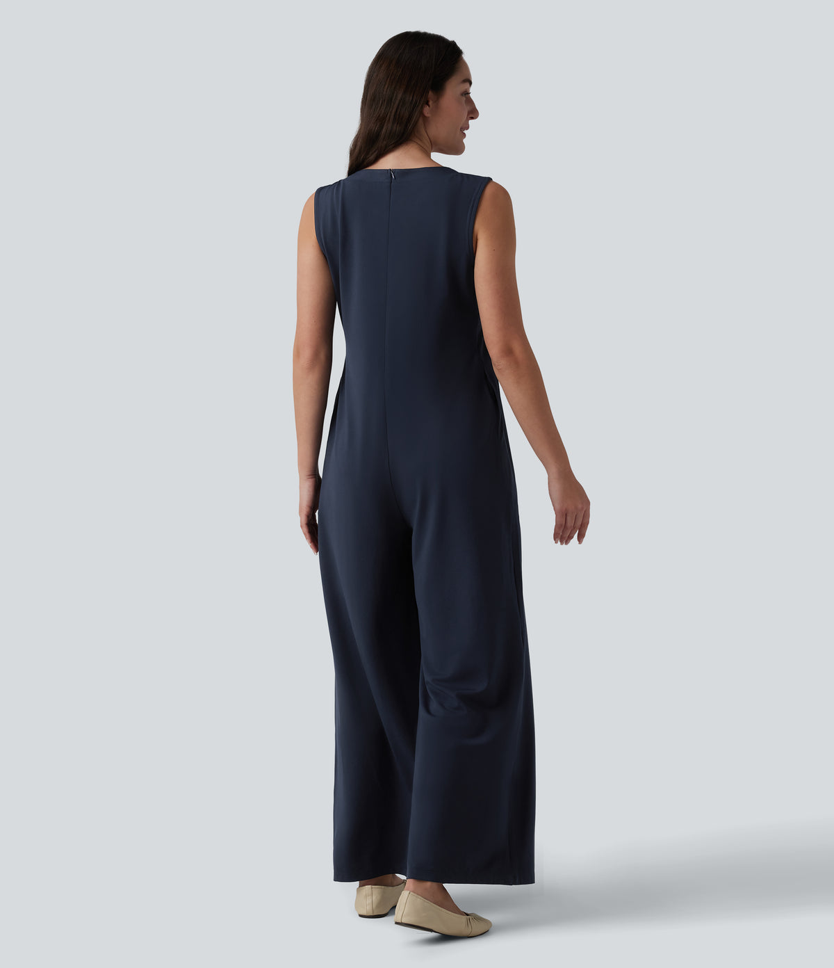 Deep V-neck Tie-front Pleated Sleeveless Invisible Zipper Casual Baggy Jumpsuit with Pockets — Deep Dark Blue — view 2