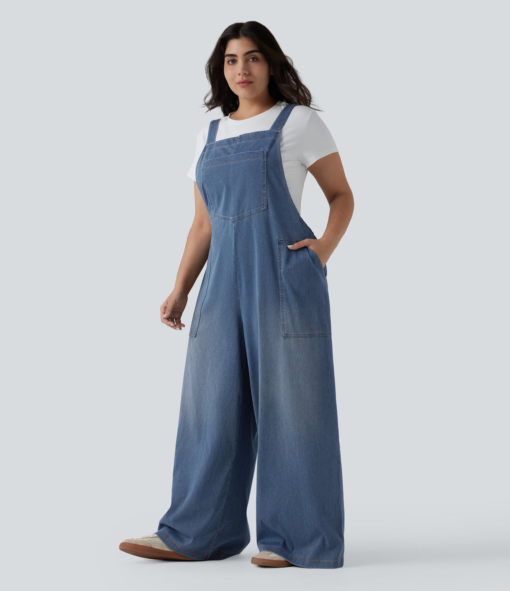 Plus Size Square Neck Washed Denim Casual Dungarees with Pockets — Blue Jasper Denim — view 3