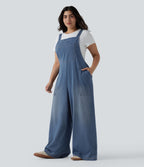 Plus Size Square Neck Washed Denim Casual Dungarees with Pockets — Blue Jasper Denim — view 3