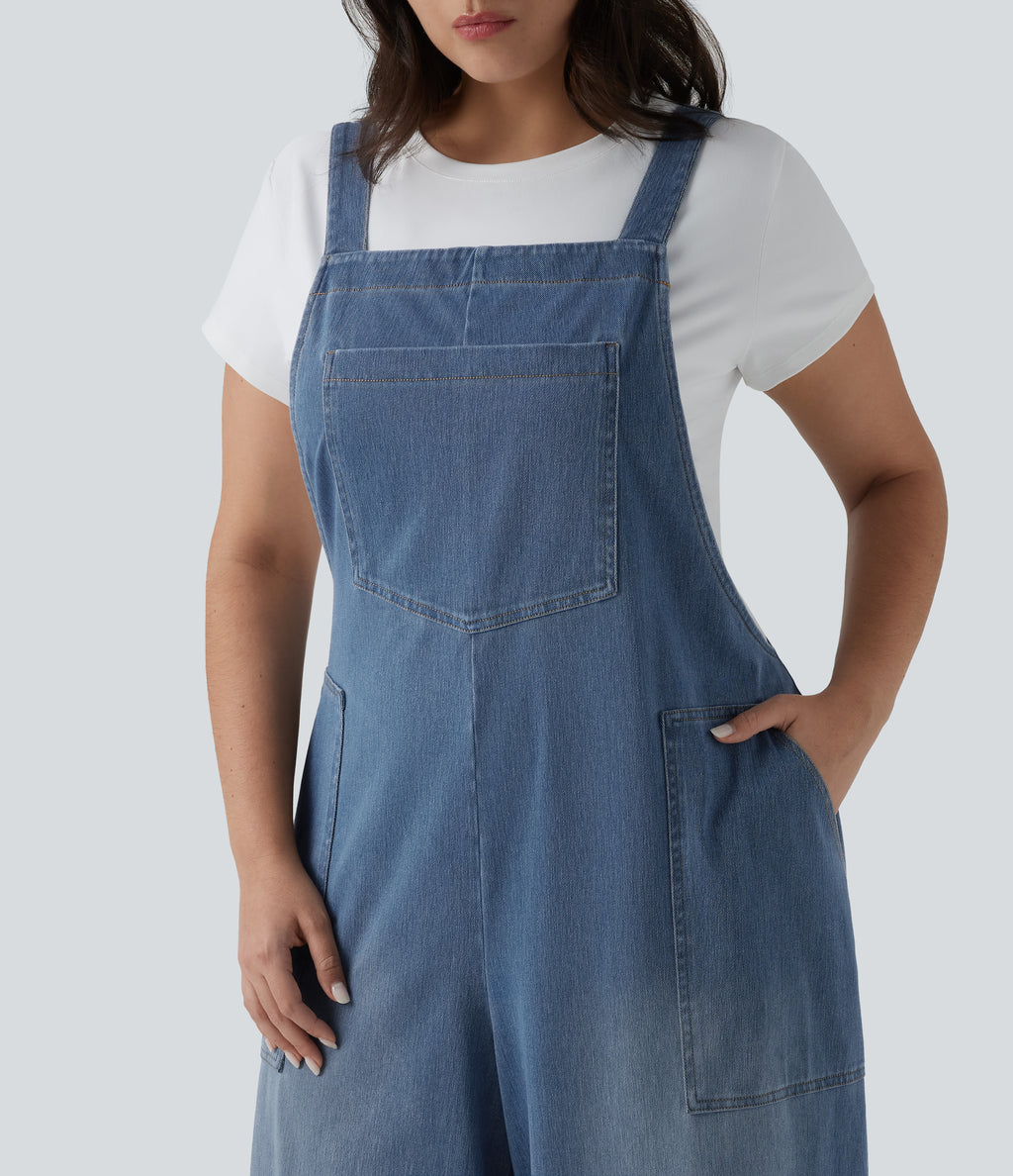 Plus Size Square Neck Washed Denim Casual Dungarees with Pockets — Blue Jasper Denim — view 5