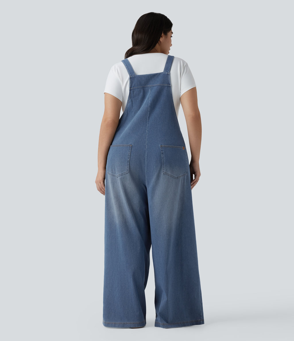 Plus Size Square Neck Washed Denim Casual Dungarees with Pockets — Blue Jasper Denim — view 2