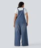 Plus Size Square Neck Washed Denim Casual Dungarees with Pockets — Blue Jasper Denim — view 2