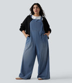 Plus Size Square Neck Washed Denim Casual Dungarees with Pockets — Blue Jasper Denim — view 6