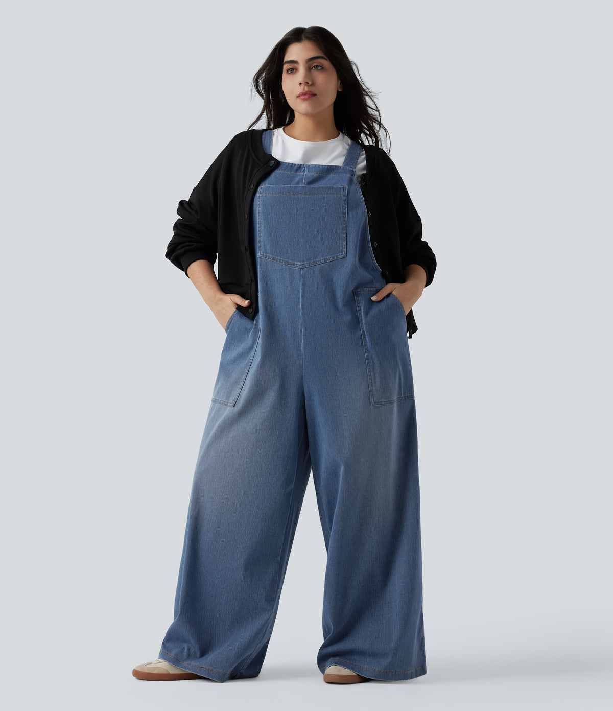 Plus Size Square Neck Washed Denim Casual Dungarees with Pockets — Blue Jasper Denim — view 6