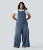 Plus Size Square Neck Washed Denim Casual Dungarees with Pockets — Blue Jasper Denim — view 1