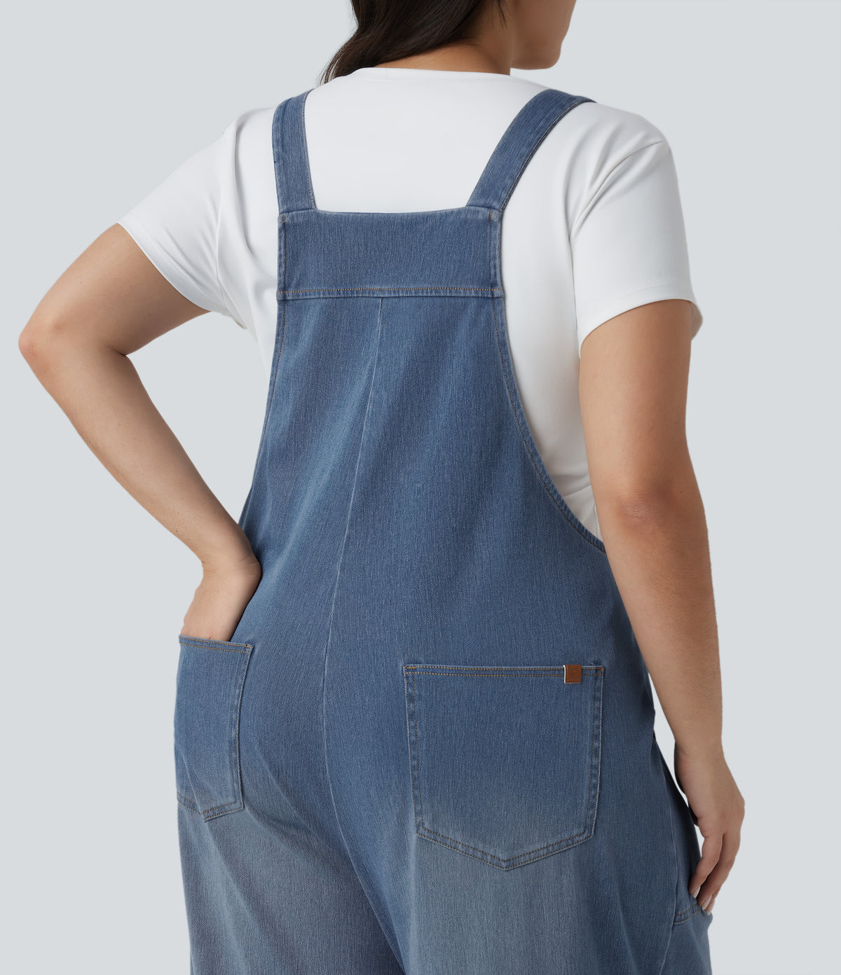 Plus Size Square Neck Washed Denim Casual Dungarees with Pockets — Blue Jasper Denim — view 4