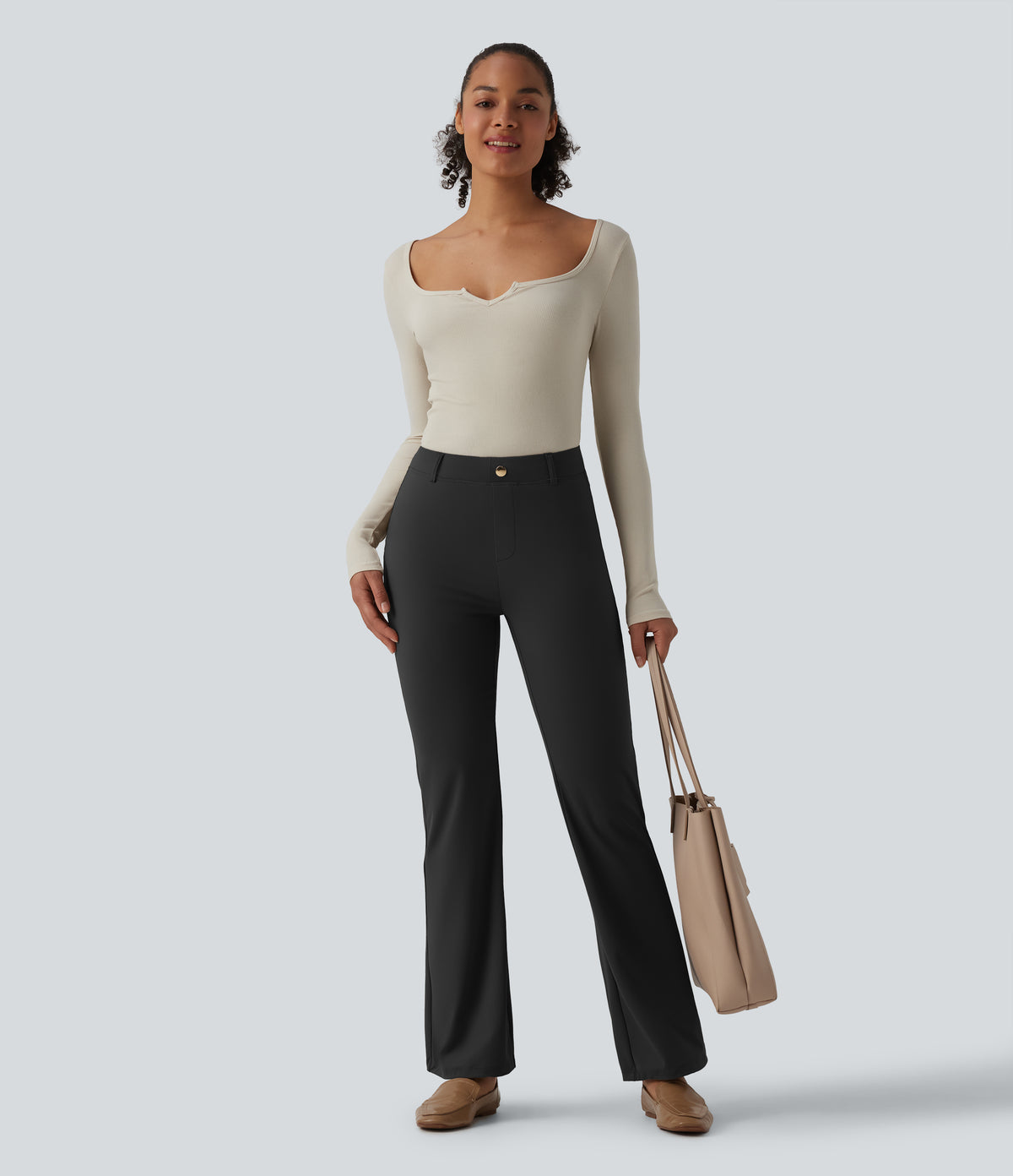 High Waisted Flare Work Trousers — Black — view 8