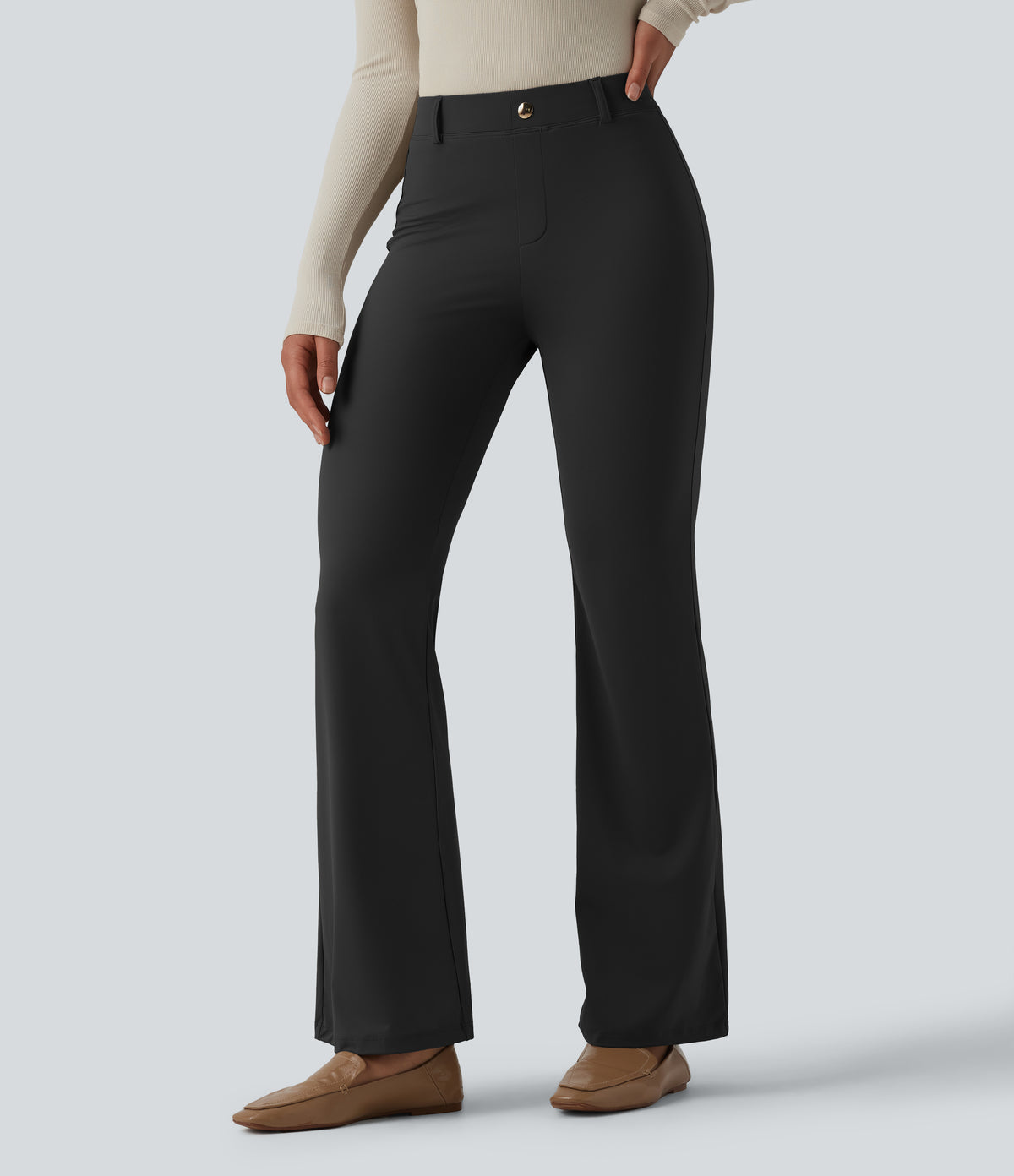 High Waisted Flare Work Trousers — Black — view 3