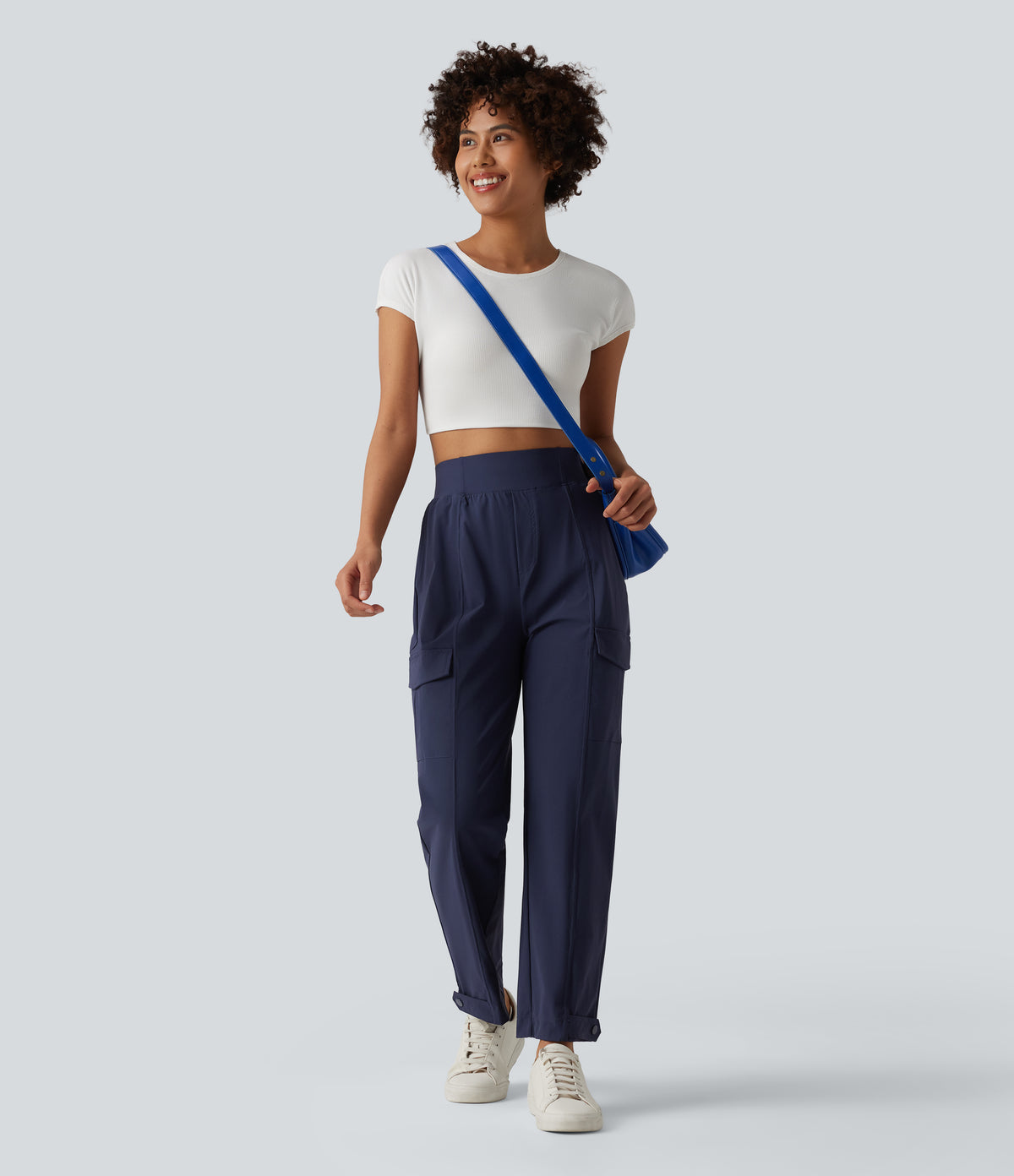 High Waisted Adjustable Hem Quick Dry InstantCool Casual Cargo Trousers with Pockets-UPF40+ — Peacoat — view 7