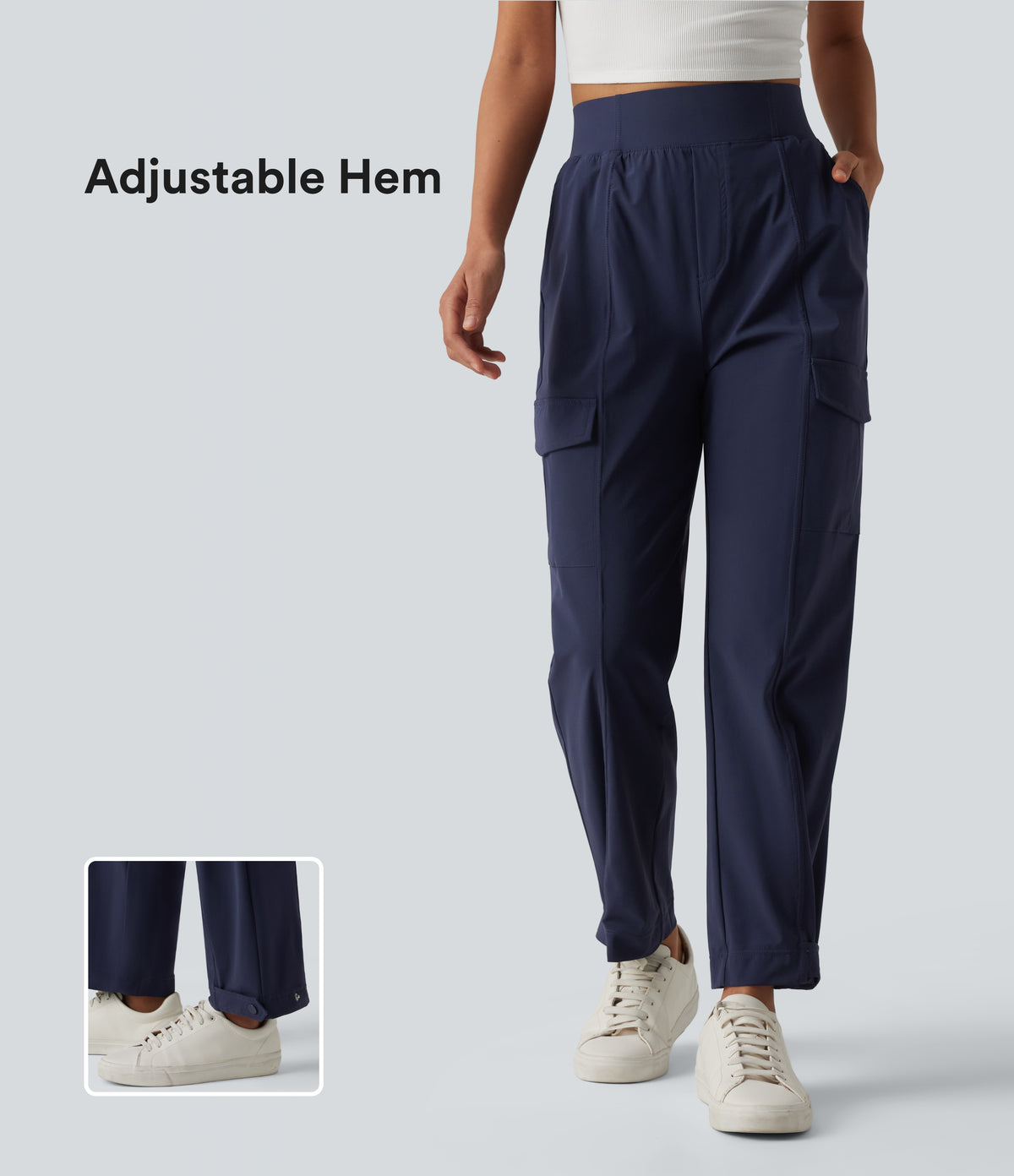 High Waisted Adjustable Hem Quick Dry InstantCool Casual Cargo Trousers with Pockets-UPF40+ — Peacoat — view 1