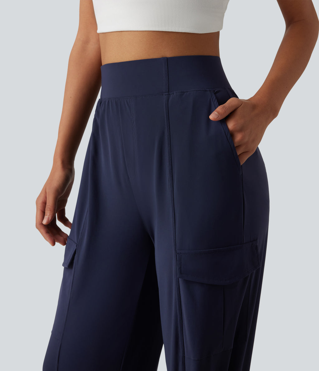 High Waisted Adjustable Hem Quick Dry InstantCool Casual Cargo Trousers with Pockets-UPF40+ — Peacoat — view 5