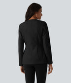 Wrinkle Recovery U Neck Long Sleeve Work Linen-Feel Blazer — Black — view 3
