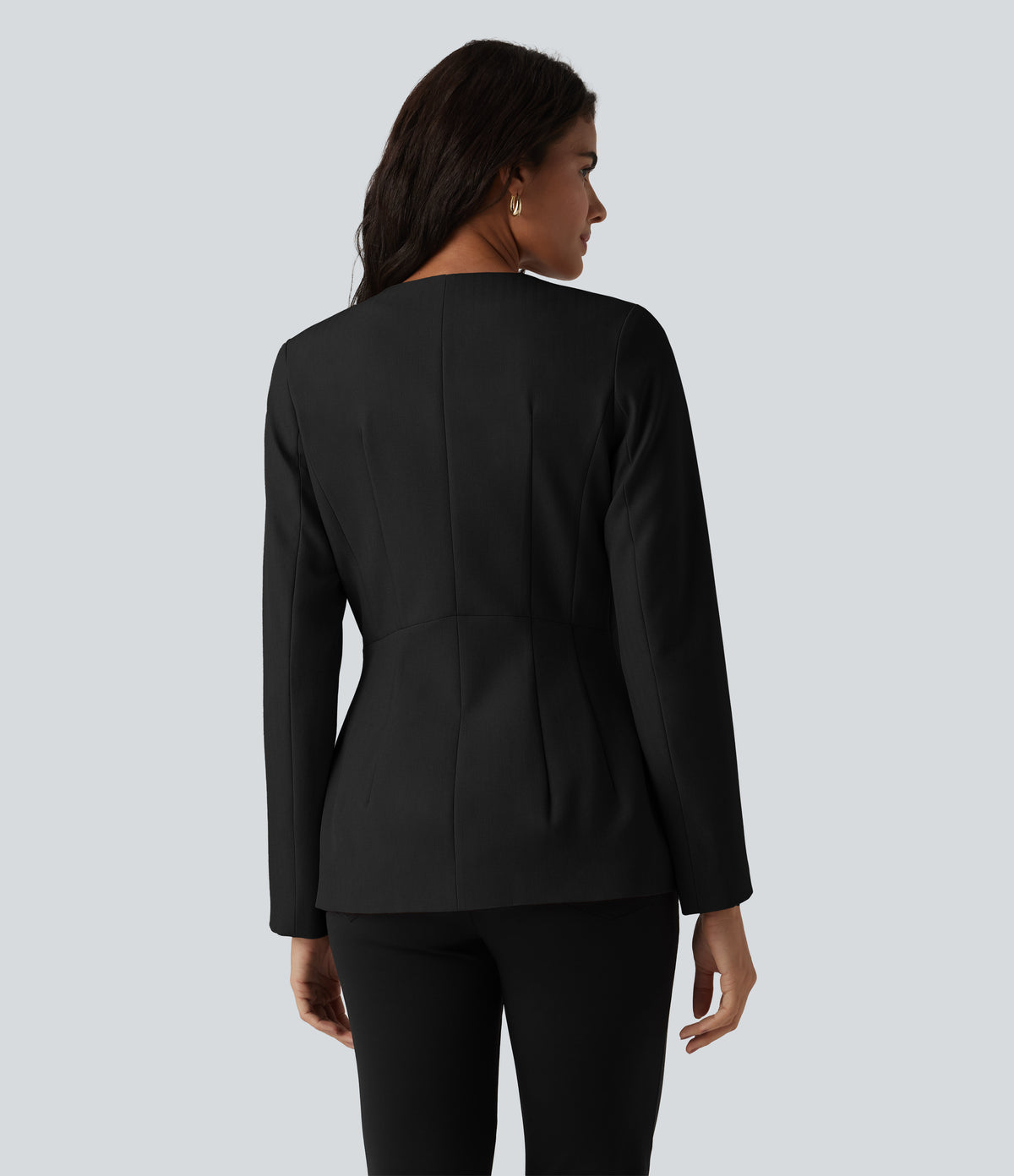 Wrinkle Recovery U Neck Long Sleeve Work Linen-Feel Blazer — Black — view 3