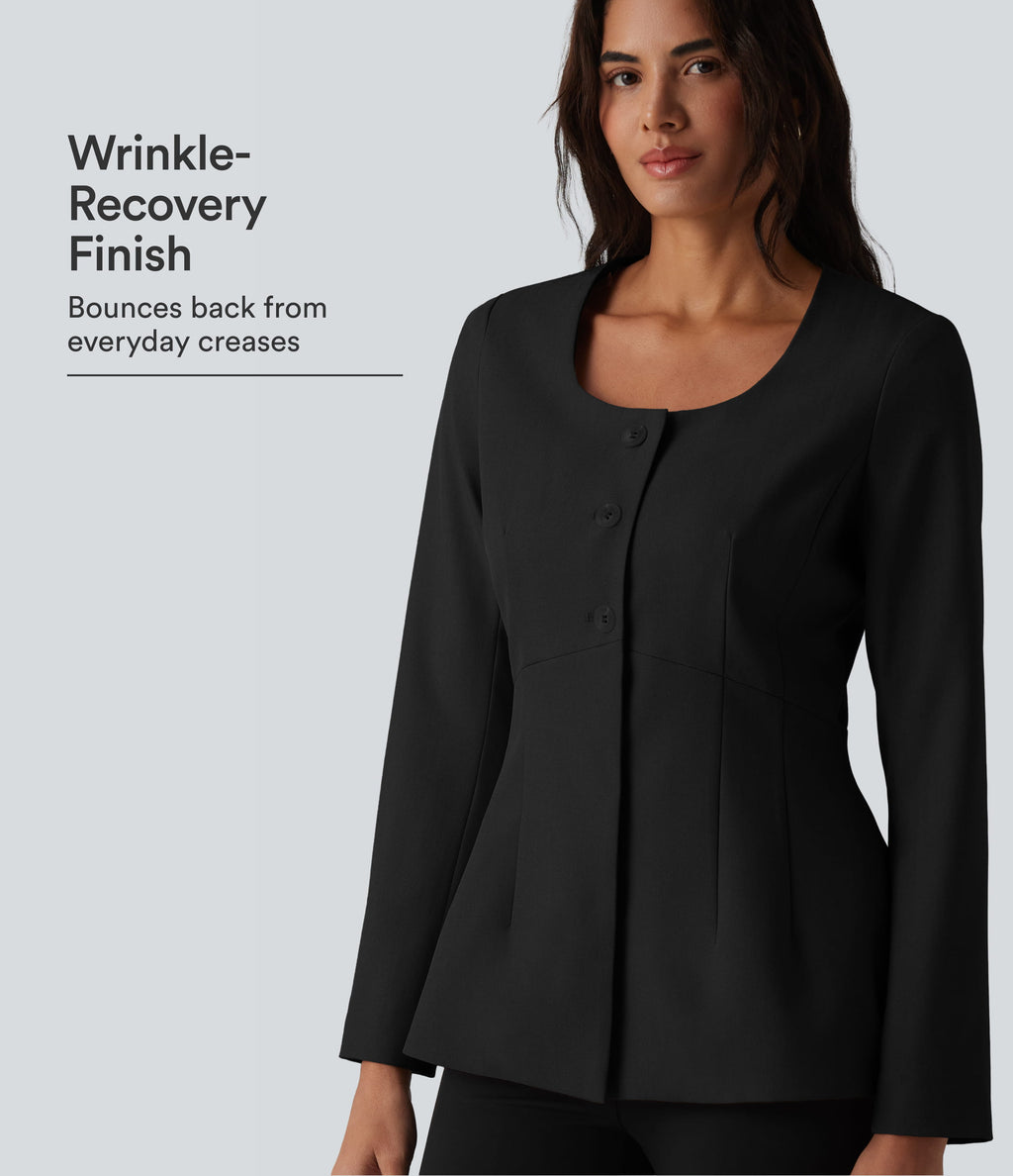 Wrinkle Recovery U Neck Long Sleeve Work Linen-Feel Blazer — Black — view 1