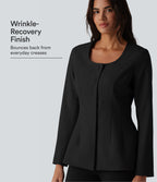 Wrinkle Recovery U Neck Long Sleeve Work Linen-Feel Blazer — Black — view 1