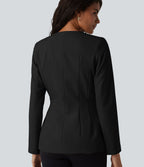 Wrinkle Recovery U Neck Long Sleeve Work Linen-Feel Blazer — Black — view 6