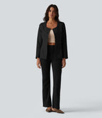Wrinkle Recovery U Neck Long Sleeve Work Linen-Feel Blazer — Black — view 7