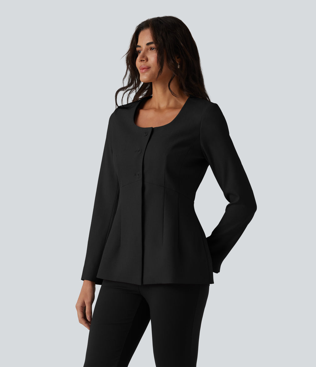 Wrinkle Recovery U Neck Long Sleeve Work Linen-Feel Blazer — Black — view 5