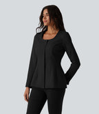 Wrinkle Recovery U Neck Long Sleeve Work Linen-Feel Blazer — Black — view 5