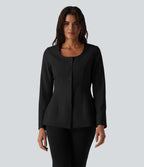 Wrinkle Recovery U Neck Long Sleeve Work Linen-Feel Blazer — Black — view 4