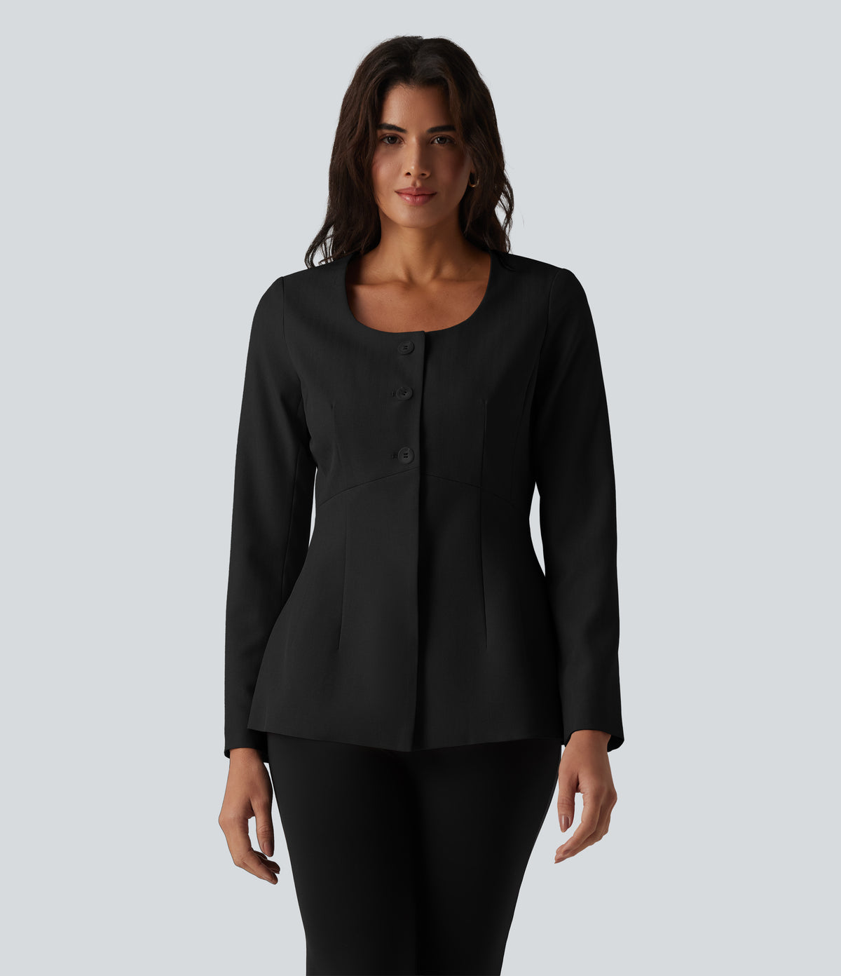 Wrinkle Recovery U Neck Long Sleeve Work Linen-Feel Blazer — Black — view 4