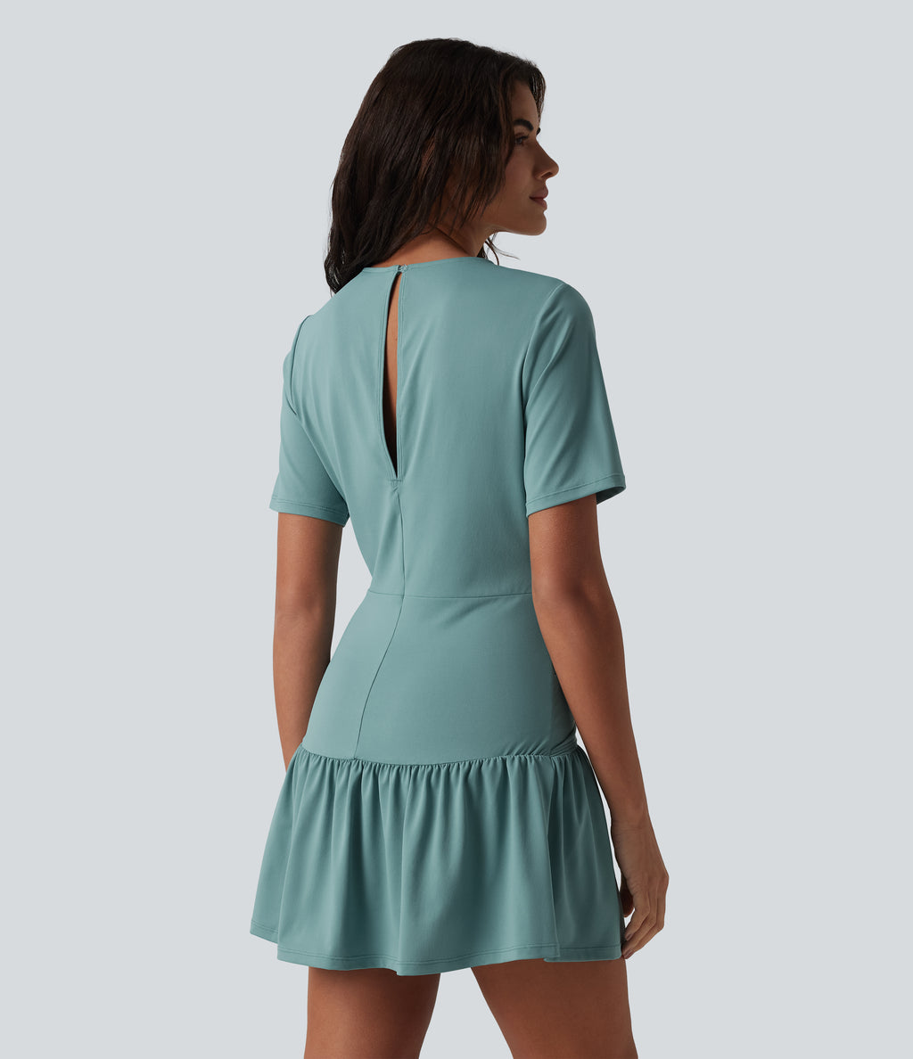 Round Neck Short Sleeve Keyhole Back 2-Piece Mini Casual Dress with Pockets — Azure — view 3
