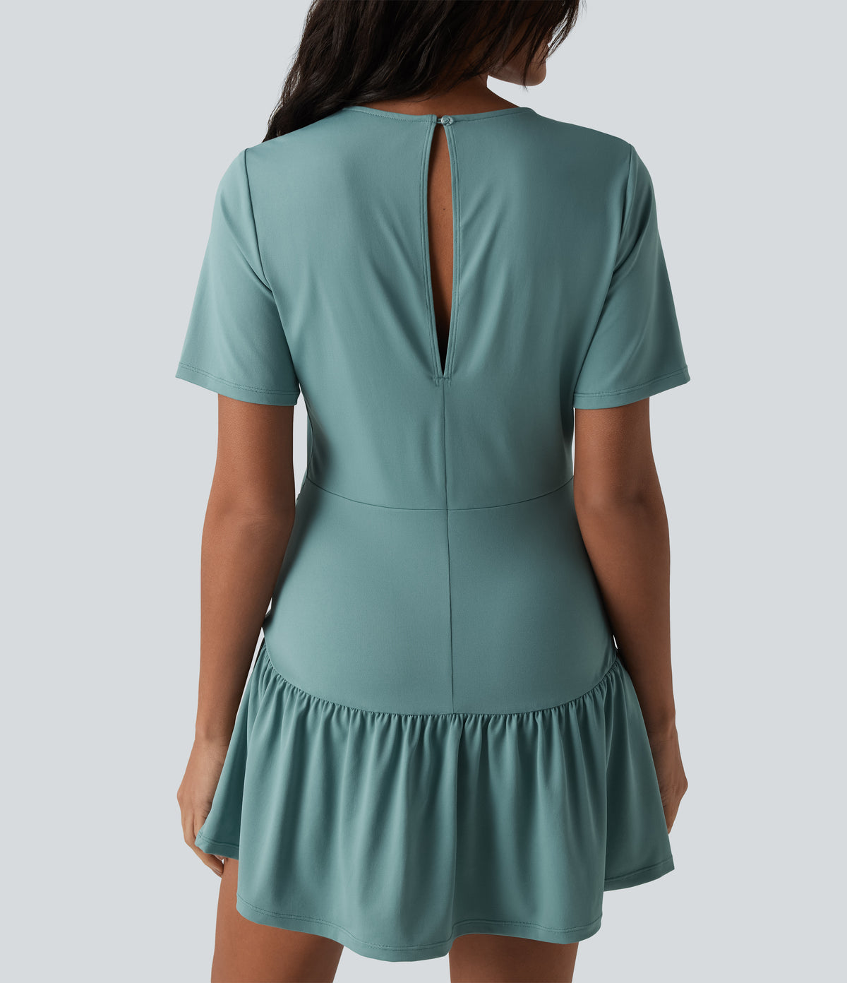 Round Neck Short Sleeve Keyhole Back 2-Piece Mini Casual Dress with Pockets — Azure — view 7