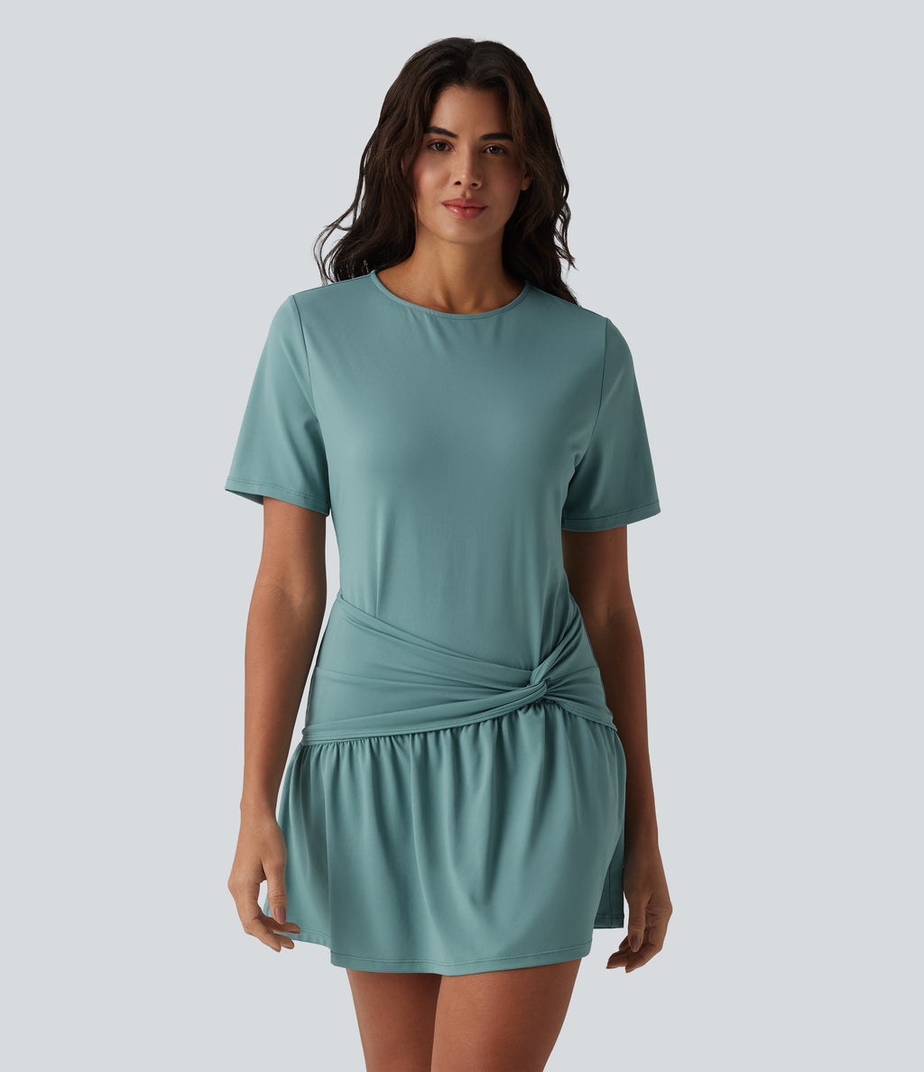 Round Neck Short Sleeve Keyhole Back 2-Piece Mini Casual Dress with Pockets — Azure — view 4