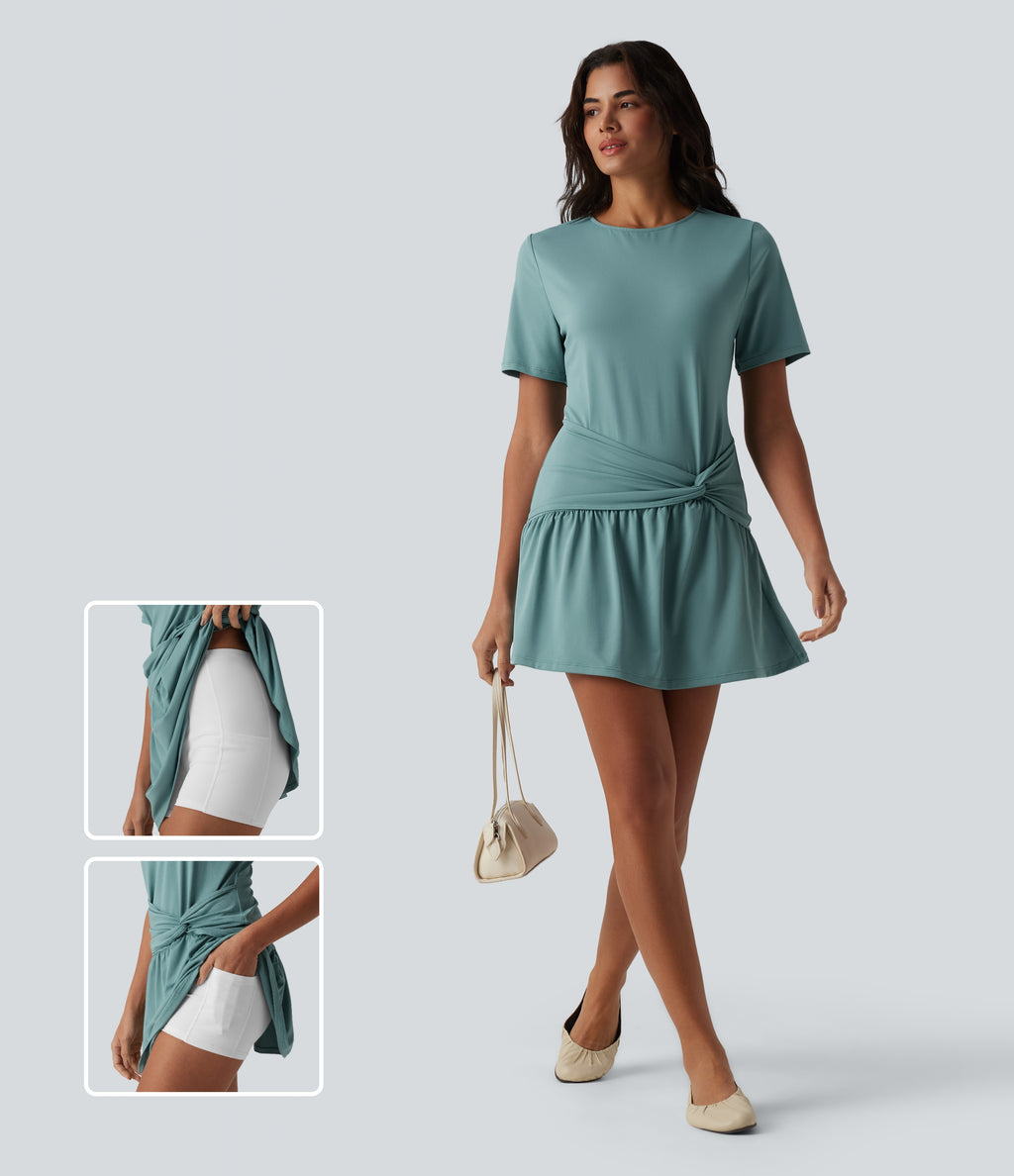 Round Neck Short Sleeve Keyhole Back 2-Piece Mini Casual Dress with Pockets — Azure — view 1