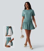 Round Neck Short Sleeve Keyhole Back 2-Piece Mini Casual Dress with Pockets — Azure — view 1