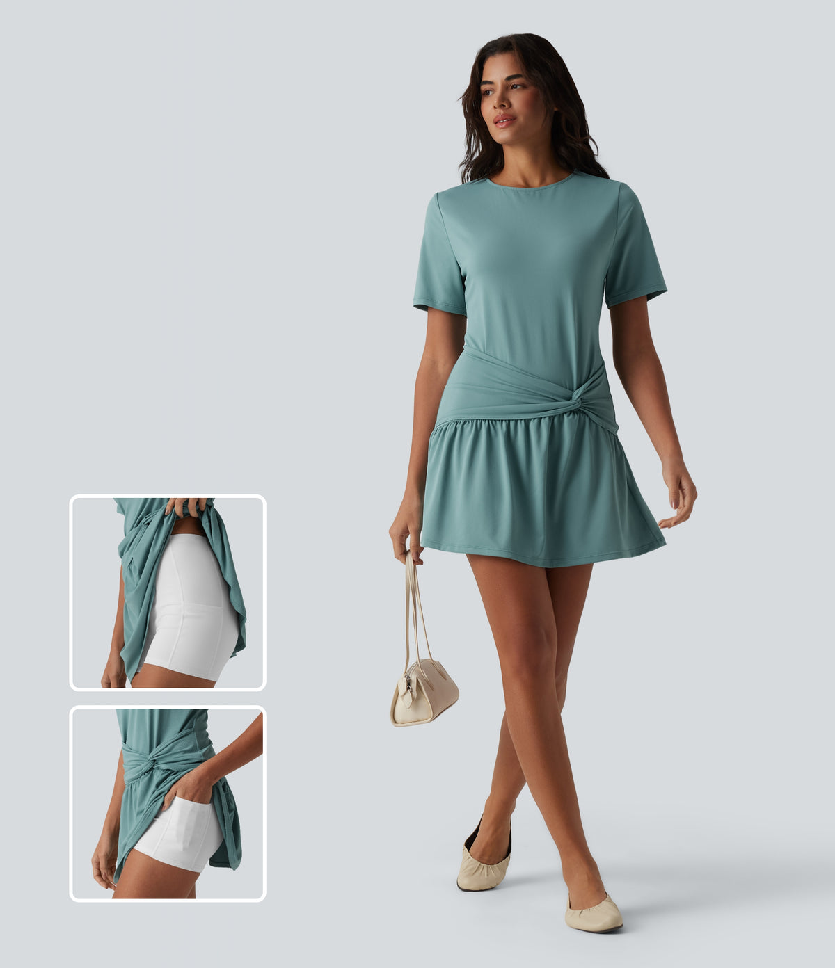 Round Neck Short Sleeve Keyhole Back 2-Piece Mini Casual Dress with Pockets — Azure — view 1