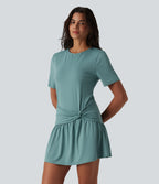 Round Neck Short Sleeve Keyhole Back 2-Piece Mini Casual Dress with Pockets — Azure — view 2