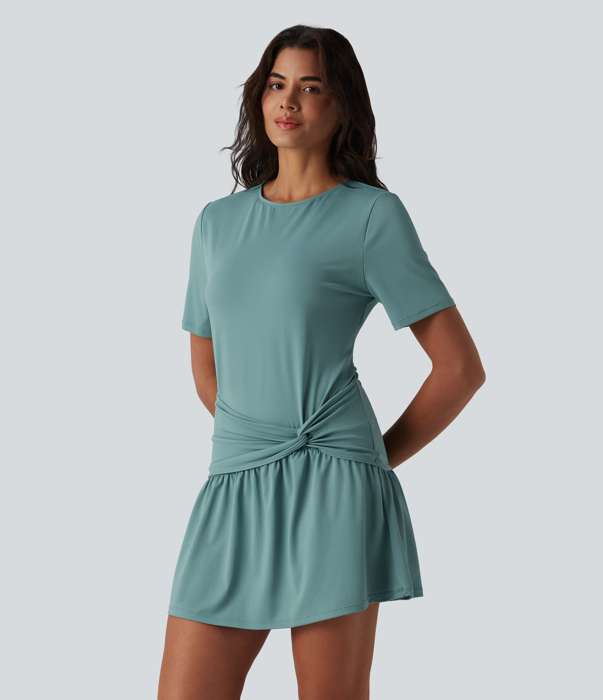 Round Neck Short Sleeve Keyhole Back 2-Piece Mini Casual Dress with Pockets — Azure — view 2
