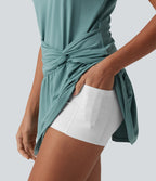 Round Neck Short Sleeve Keyhole Back 2-Piece Mini Casual Dress with Pockets — Azure — view 6