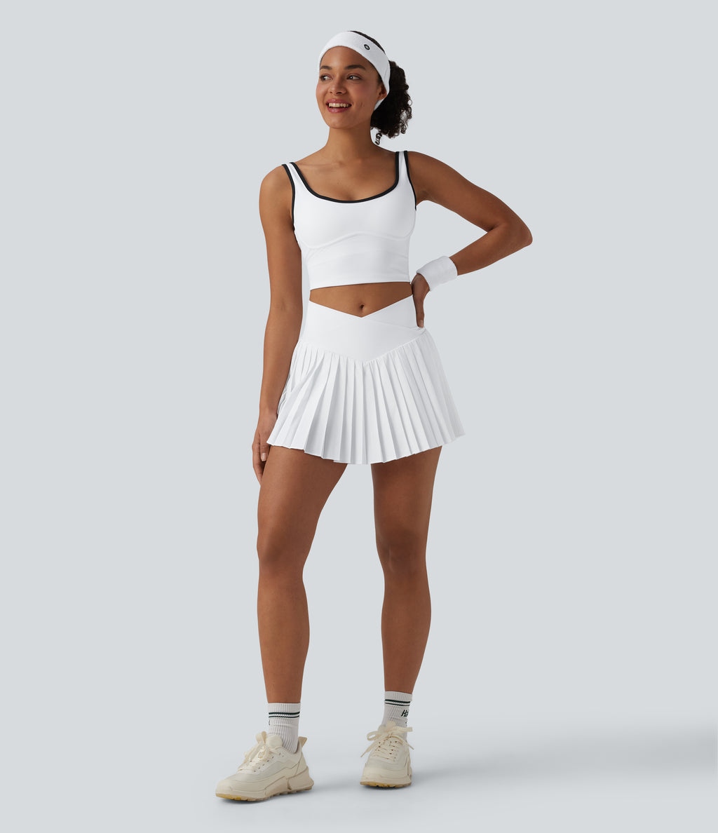 Crossover High Waisted Pleated Mini 2-in-1 Quick Dry Tennis Skirt with Pockets — White — view 7