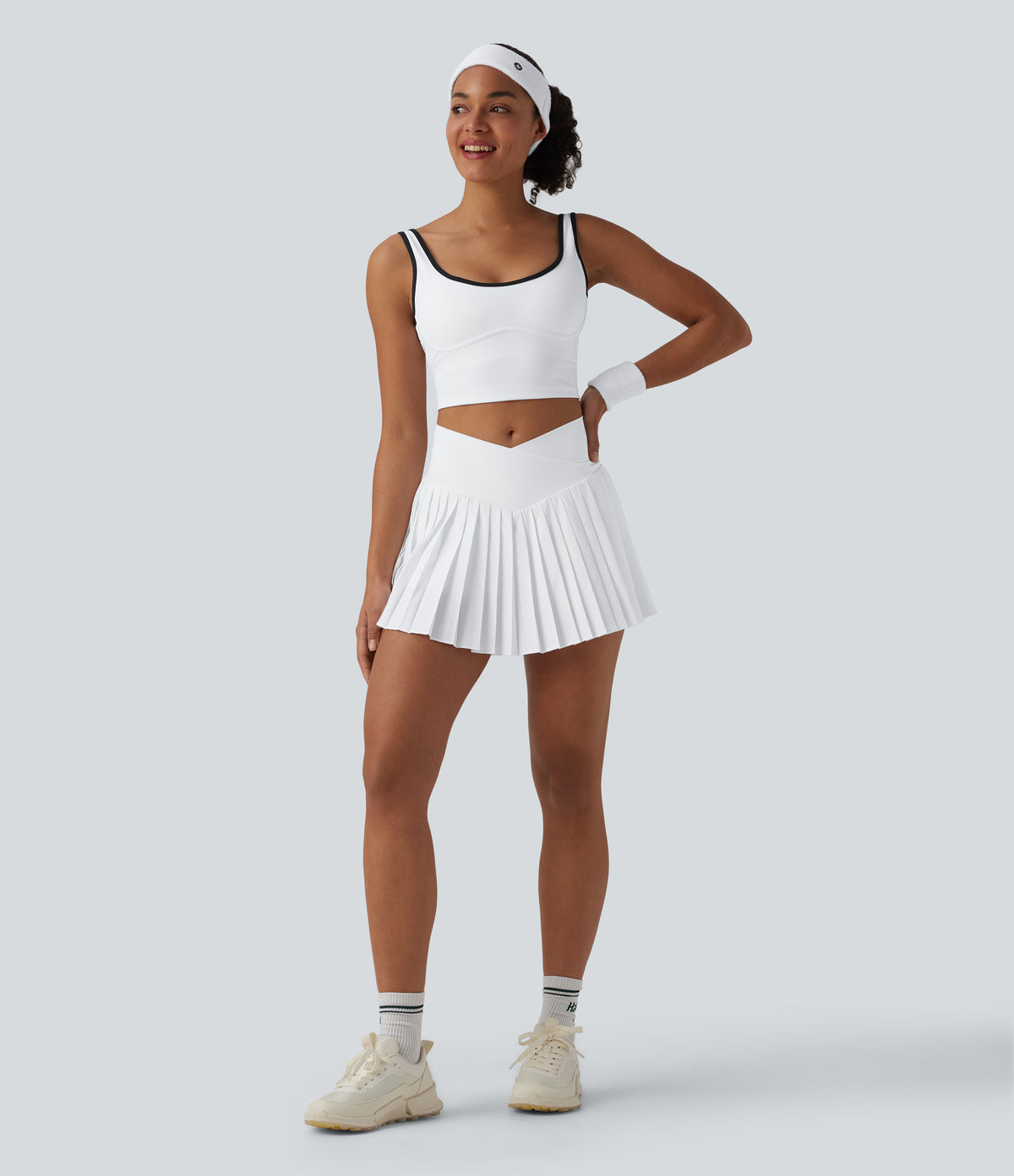 Crossover High Waisted Pleated Mini 2-in-1 Quick Dry Tennis Skirt with Pockets — White — view 7