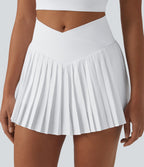 Crossover High Waisted Pleated Mini 2-in-1 Quick Dry Tennis Skirt with Pockets — White — view 6
